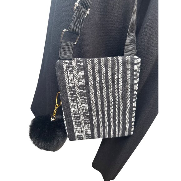2/$30 Black White Woven Adjustable Crossbody Bag Black Mink Faux Fur Pom Pom NWT - Picture 5 of 6